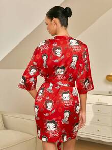 Betty Boop x SHEIN 女士卡通可爱系带睡袍 - - 紅色 - 查看 2