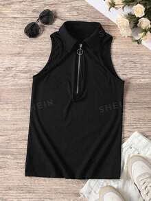 Selamara Camiseta de tirantes de verano para mujer con media tapeta con cremallera y cuello vuelto - Negro - Ver 4