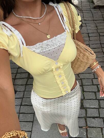 Sunnyshic 系带设计甜美荷叶边波点拼接休闲度假风女式T恤，夏季