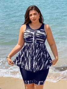 Swim Lushoire 2026 Nouvel ensemble de maillot de bain tankini deux pièces pour femmes grande taille, tankinis dos nu avec jupe, patchwork noir unicolore et imprimé numérique, convient pour la plage, les fêtes, les vacances - Bleu marine - Voir 3