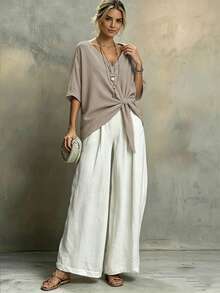 Louniche Women's Casual Linen-Like Solid Color V-Neck Twist Knot Blouse, Spring/Summer - Khaki - View 6