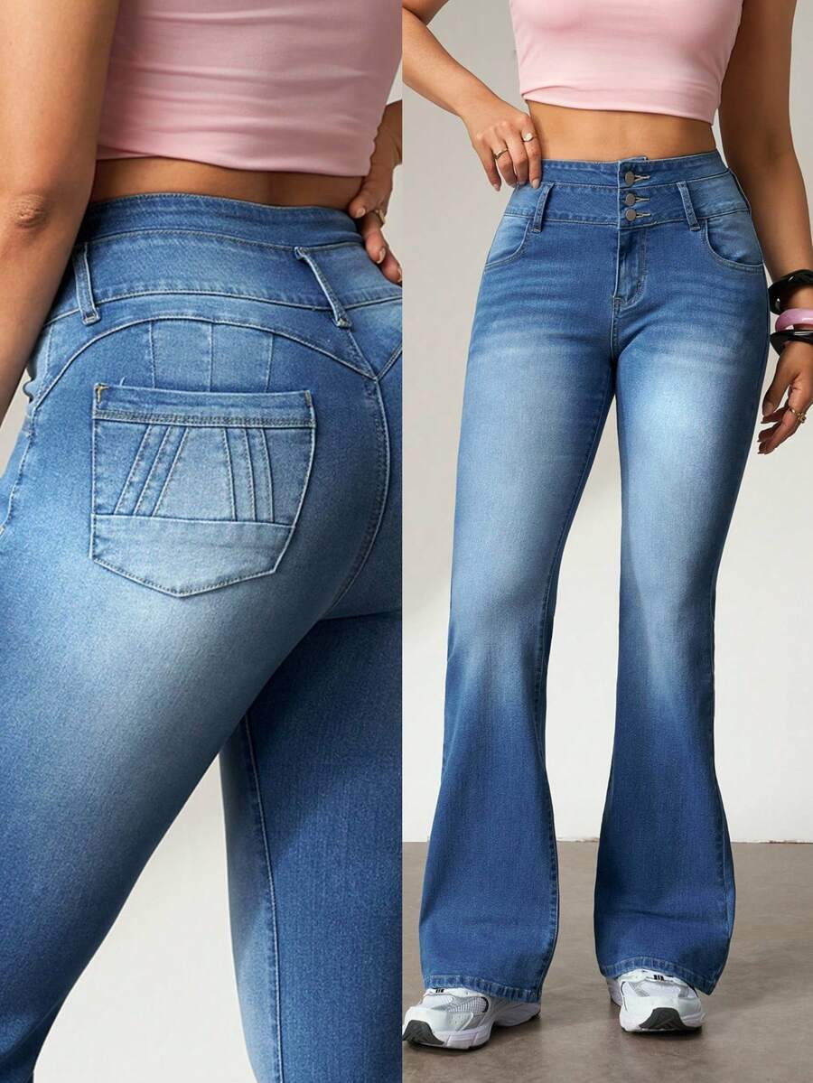 Flexra Jeans acampanados casuales y versátiles con bolsillos para mujer - Azul - Ver 1
