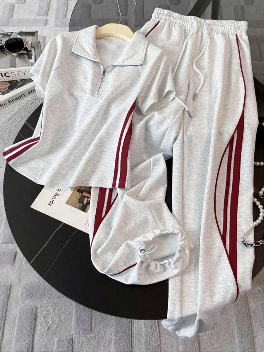 Resyla Fitted Stand Collar Raglan Short Sleeve Top + Casual Long Pants - Light Grey - View 1
