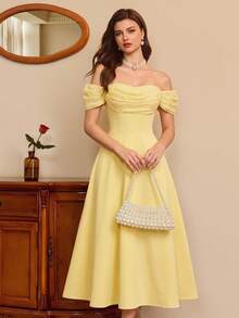 Vintamour Robe jaune élégante vintage pour femmes, patchwork en dentelle épaules dénudées avec poches, tenue décontractée pour vacances d'été, rendez-vous, invitée de mariage, fête, remise des diplômes, bal de promo - Jaune d'oie - Voir 3