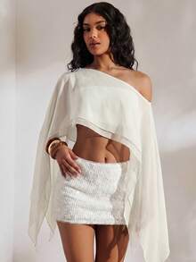 Opulessa 2pcs Solid Color Knit Fitted Tube Top & Asymmetric Neck Loose Woven Blouse Set,Summer Top - White - View 5