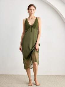 Ocili Bohemian Satin Lace Minimalist Wide Strap Bedroom Camisole & Pants Lace Comfortable Nightgown For Women - Dark Green - View 5