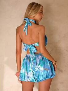 SHEIN Glamour Women's 2 Pieces Sets Blue Floral Summer Boho Beach Vacation Holiday Holiday Halter Neck Backless Sleeveless Top And Skort Set,Rave Outfits - Multicolor - View 2