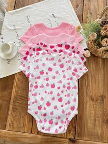 SHEIN 4pcs Baby Girl Knitted Solid Color Strawberry & Apple Pattern Casual Romper Set - Multicolor - View 2
