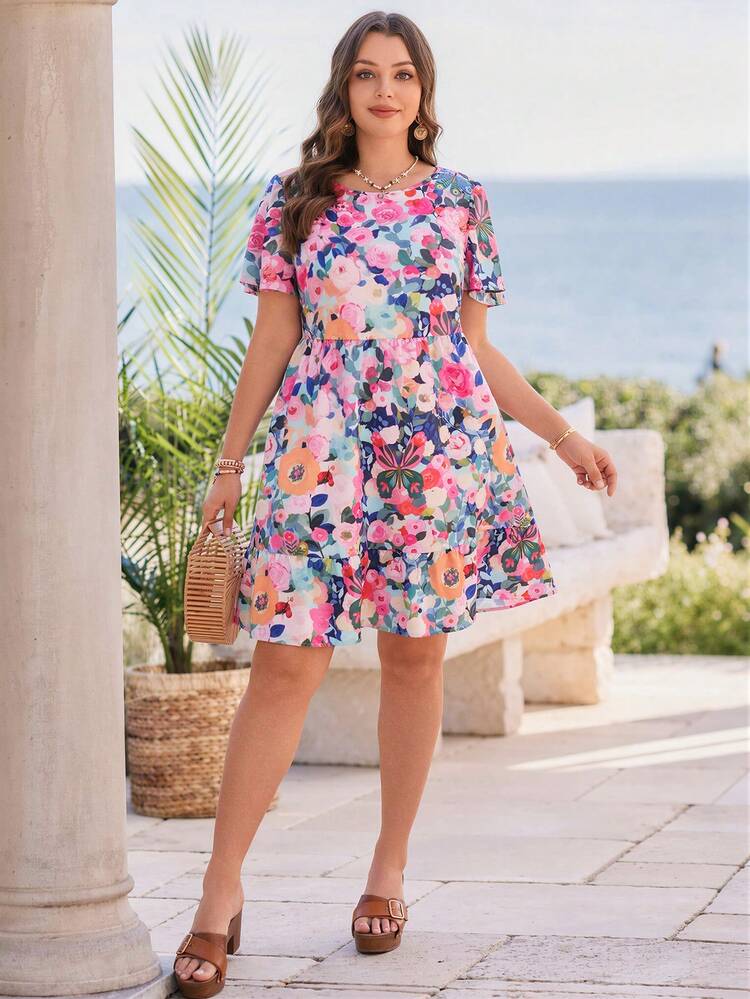 Plus Size Women Floral Print Round Neck Short Sleeve Casual Dress