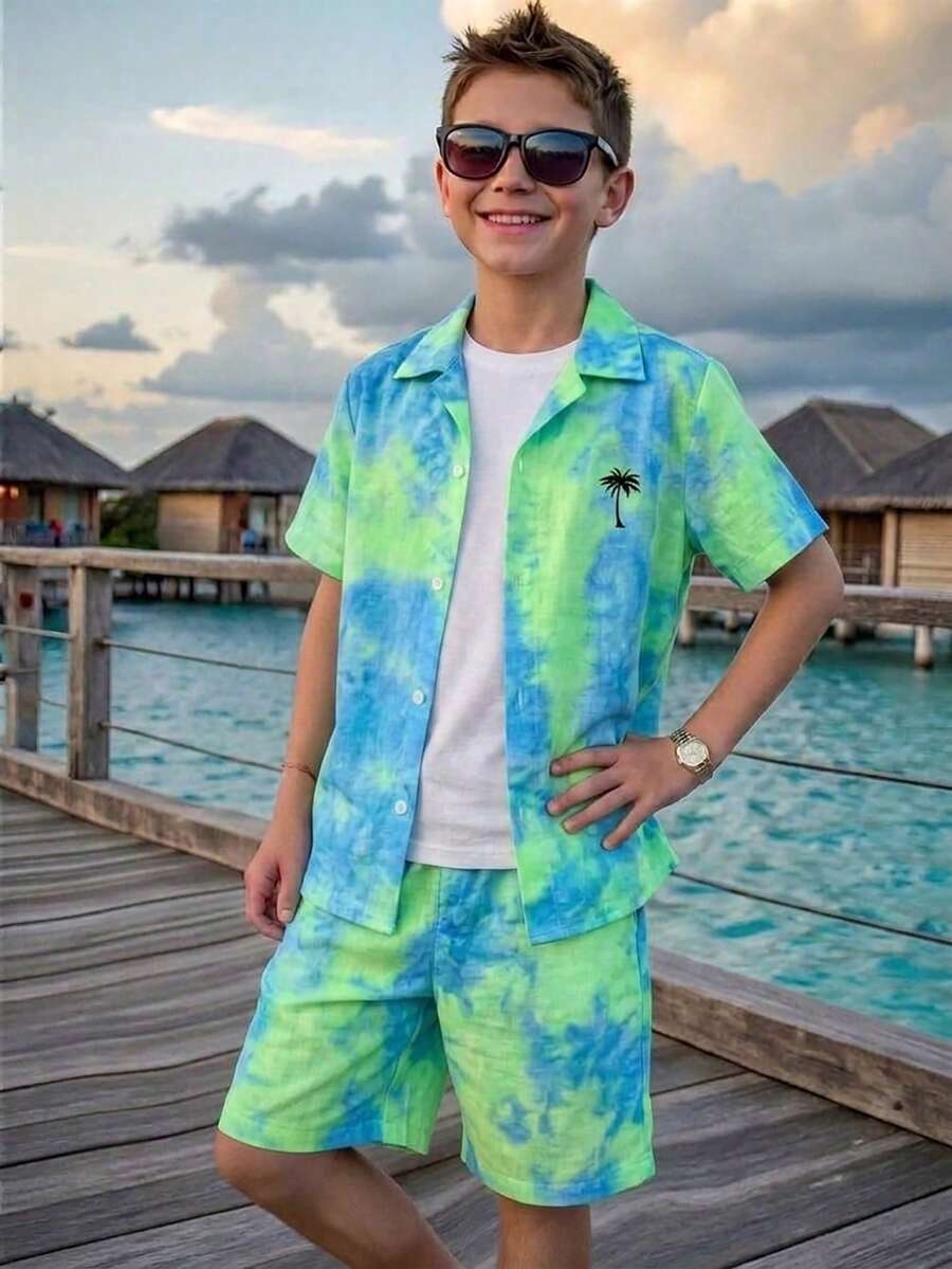 两件套青少年男童休闲宽松 Polo 领短袖衬衫和短裤套装