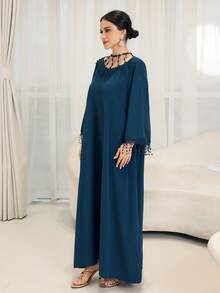 Yasmyna Damen Einfarbiges Lässiges Luftiges Arabischer Stil Party Kleid - Taubenblau - Übersicht 5