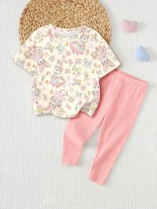 Bộ đồ thường ngày cho bé gái gồm áo thun ngắn tay in hoa và quần legging. - trắng - Xem 2