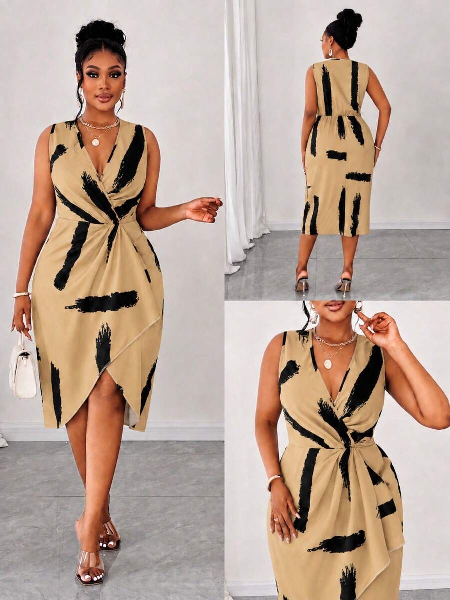 Maweii 大尺碼時尚印花無袖裹身V領洋裝 - 鵝黃色 - 查看 1