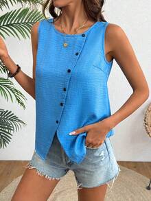 Balvessa Women's Elegant Casual Linen-Like Blue Round Neck Button Detail Vest, Spring/Summer - Blue - View 5