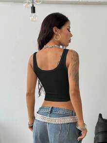 Coolane Women's Summer Concert Rave Festival Going Out Renaissance Fair Clubs Sexy Y2K Rib Knit Notched Collar Truncated Tank Top - Black - View 7