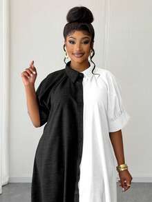 Maweii Plus Size Color Block Button Front Drawstring Hem Lantern Dress - Black and White - View 5