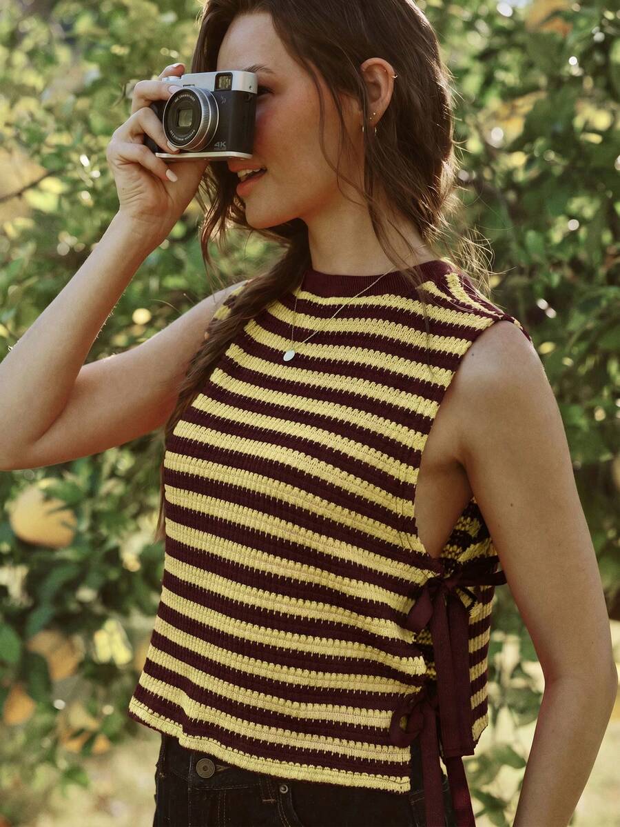 WESTFADE Striped Waffle Knit Tie Side Cut Out Tank Top - Multicolor - View 1
