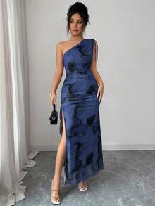 Rafferiza Vestido de mujer elegante con hombro asimétrico, drapeado, cordón, efecto tie-dye y malla con abertura lateral - Azul Marino - Ver 4