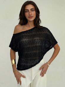 Aloruh Women's Solid Color Asymmetric Neck Casual Short Sleeve Blouse,Summer Top - Black - View 6