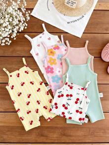 [Random 6pcs,Send 1pc] Baby Girl Cute Summer Strap Romper,Multicolor Cherry Floral Heart Striped Print Pattern,Kawaii Korean Style Family Matching - Multicolor - View 2