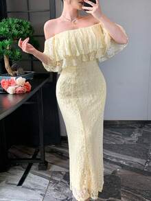 DAZY Spring Summer Hollow Lace Ruffle Casual Vacation Style Beach Elegant Commute Yellow Women's Mid-Length Dress Sundress - Yellow - View 4