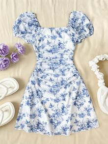 SHEIN Đầm hoa xanh trắng cho bé gái tuổi teen mùa xuân & hè/Dành cho kỳ nghỉ/Ngày lễ/Phong cách cổ điển/Đầm đi biển/Phong cách thanh lịch/Đầm cho bé gái/Phong cách Bohemian/Trang phục Boho/Đầm chống nắng cho bé gái, trang phục ngày lễ - Xanh và trắng - Xem 3