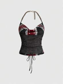 ROMWE Street Life Y2K Punk Street Style Sports Racerback Tank Top For Women, Black And Silver Spaghetti Strap Sleeveless Mesh Strap Vest, Summer Club Night - Black and White - View 2