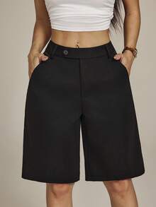 SHEIN PETITE Quần short Bermuda Modichic Casual Solid Slant Pocket - màu đen - Xem 9