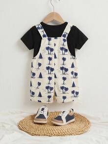 Cozy Pixies Baby Boy Solid Color Soft Knit Crew Neck Short Sleeve Top And Coconut Tree Pattern Bib Shorts 2-Piece Set - Blue - View 2