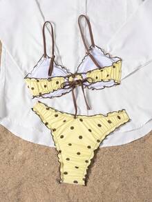Swim Vcay Bonvoyette-D Conjunto de Traje de Baño Bikini para Mujer, Top de Tela de Punto con Estampado de Lunares Amarillos de Verano, Tirantes Ajustables de Espagueti, Dobladillo con Volantes, Espalda Descubierta, Decoración de Anillo Hueco con Lazo, Shorts de Corte Alto, Lindo & Sexy - Amarillo - Ver 3