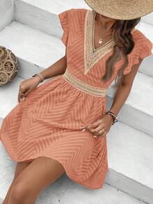 SHEIN Frenchy Đầm nghỉ mát tay bồng phối ren tương phản dành cho nữ - Màu Cam cháy - Xem 4
