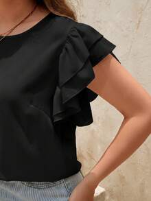 SHEIN Clasi Plus Size Women's Double Layered Ruffle Sleeve Summer Shirt,Business Casual Woman - Black - View 6