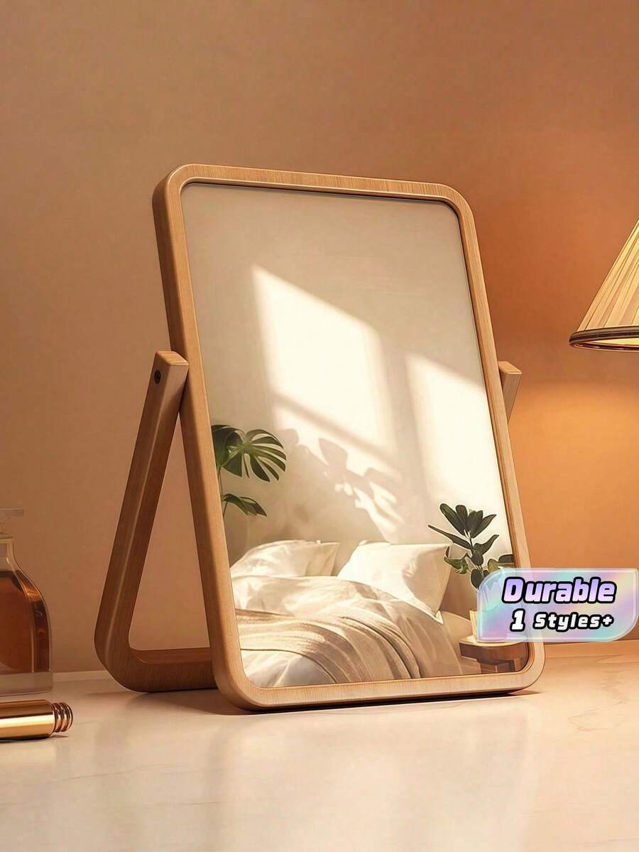 Natural Bamboo Mirror, Retro Wooden Table, Dressing Mirror, Rectangular Tabletop Mirror, Suitable For Living Rooms, Bedrooms, Foyers And Other Places. - Log Color - View 1