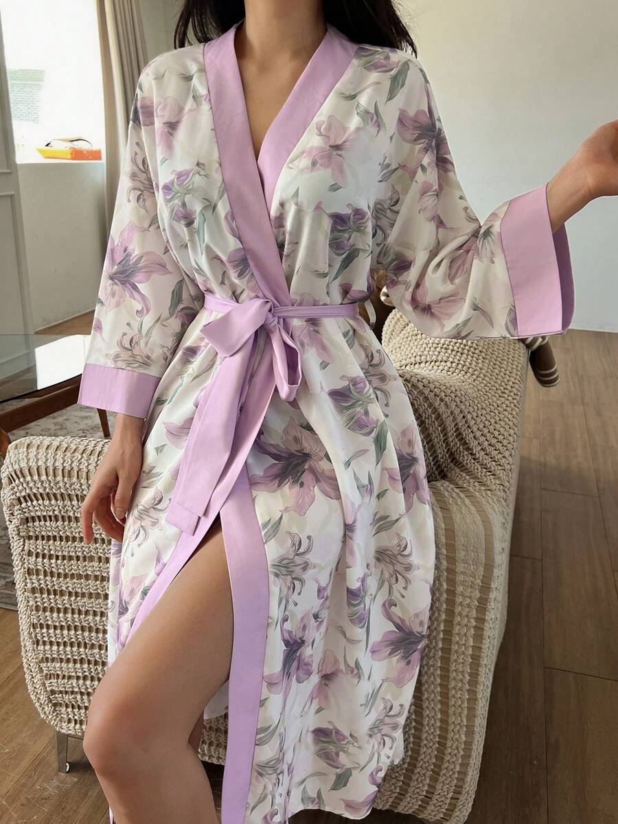 DAZY 女士优雅印花系带睡袍 - 白色 - 查看 1