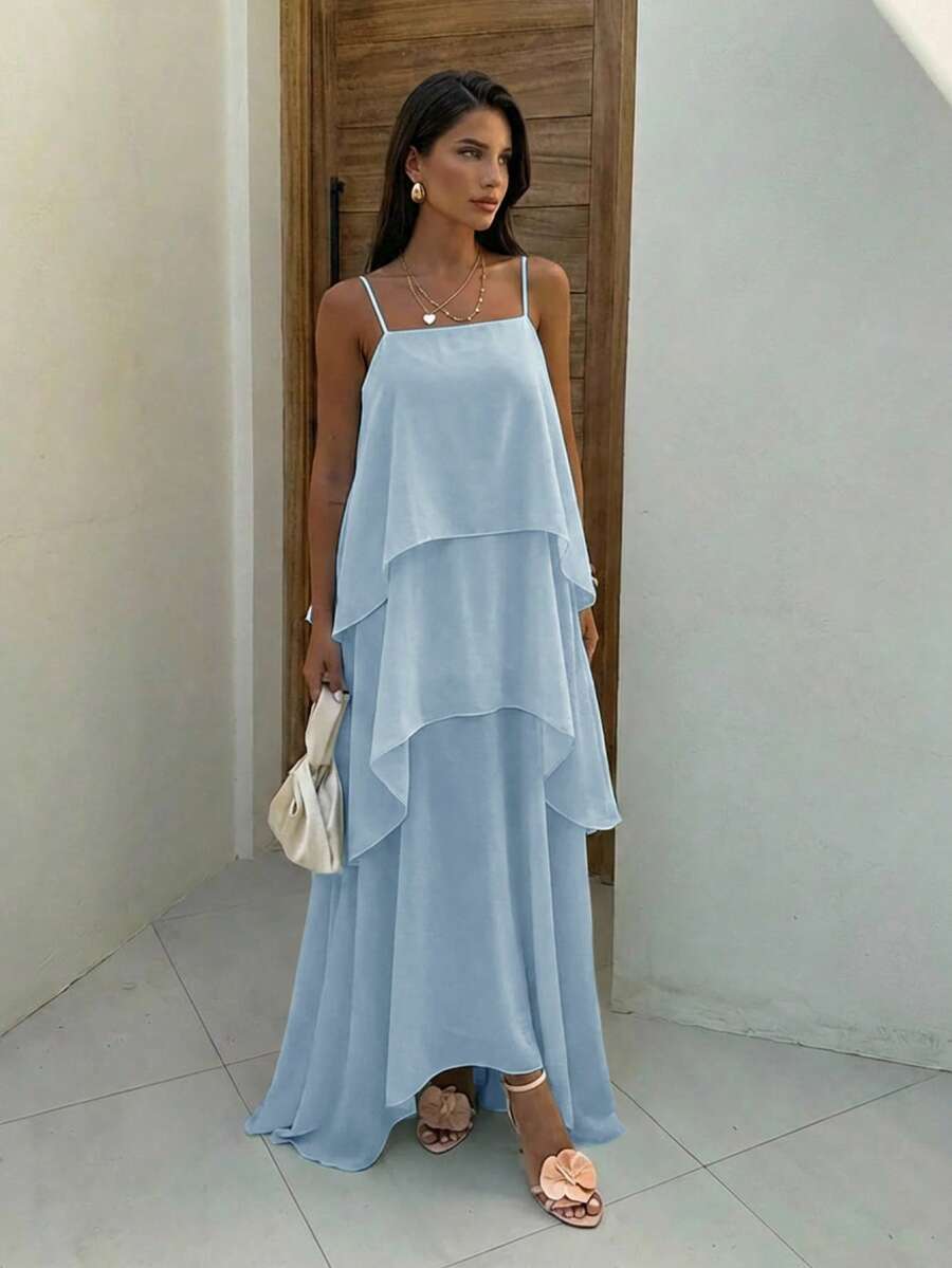 Aloruh Gaun Liburan Elegan dengan Hem Berlapis dan Tali Bahu Tipis - Baby Blue - View 1