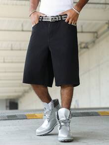 Manfinity Roghcode American Street Style Streetwear Letter Embroidery Washed Black Loose Denim Shorts Holiday Summer - Black - View 6
