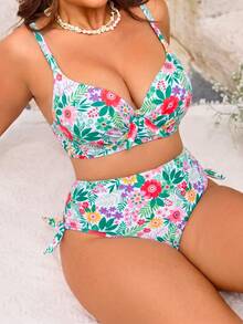 SHEIN Swim Curve 大码女式印花沙滩连衣裙，修身显瘦，适合度假穿着 - 彩色 - 查看 1