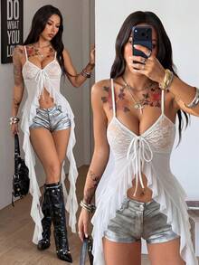 Coolane Damen Sommer Festival Musik Festival Vintage Y2K Leopard Spitze Dehnbar Farbblockiert Schwarze Trägertops - Weiss - Übersicht 2