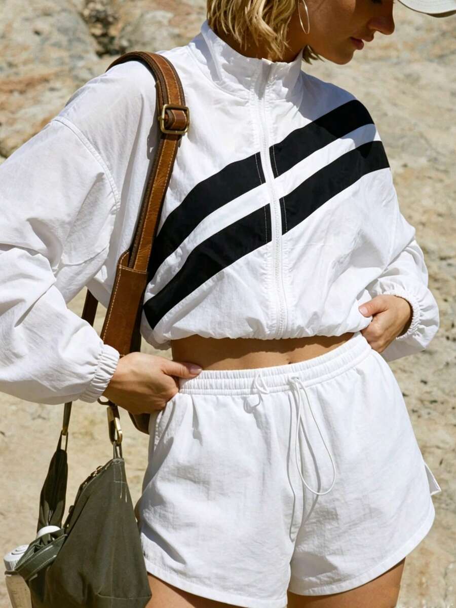 SHEIN Sports 女士春夏运动防晒外套,半透明立领全拉链设计,撞色条纹长袖,可调节抽绳下摆,适合日常休闲、跑步、瑜伽、健身、网球、高尔夫等运动。 - 彩色 - 查看 1