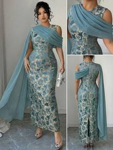 Elenzga Đầm maxi nữ bán chạy nhất, chất liệu vải jacquard vàng có họa tiết, kiểu dáng thanh lịch với khăn choàng chiffon, phù hợp cho các bữa tiệc, hẹn hò, mua sắm và nhiều dịp khác trong mùa xuân/hè. - Màu xanh lam - Xem 4