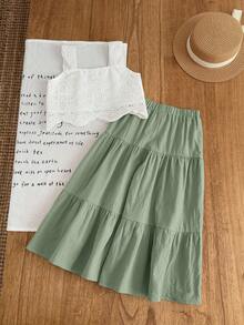 Emery Rose Kids Emery Rose Kids 2件套少女纯色梭织方领荷叶边休闲吊带背心和长裤套装 - 綠色 - 查看 6