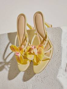 SHUZIA Women's -Heel Round Toe Orchid Floral-Decor Multi-Strap Satin Yellow Sandals – Elegant, Chic & Statement-Making - Yellow - View 4