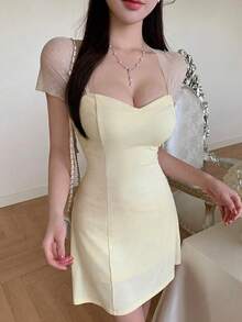 DAZY 春夏女士网纱拼接露背连衣裙，性感收腰A字迷你连衣裙，优雅黄色长裙 - 黃色 - 查看 7