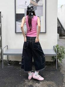 DAZY 女士波点宽松牛仔工装短裤 - 藍色 - 查看 2