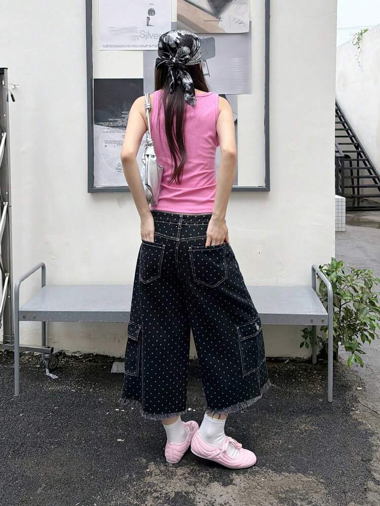 Women's Polka Dot Loose Fit Denim Cargo Shorts