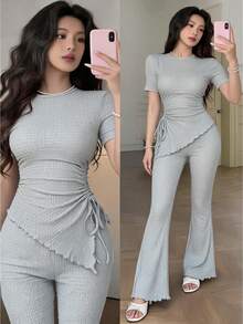 Feyla Women's Chic Light Grey Summer Two Pieces Set Ruched Asymmetrical Drawstring Top And Flare Pants, Waffle Knit Brunch Date Matching Outfit Casual - Mint Green - View 2