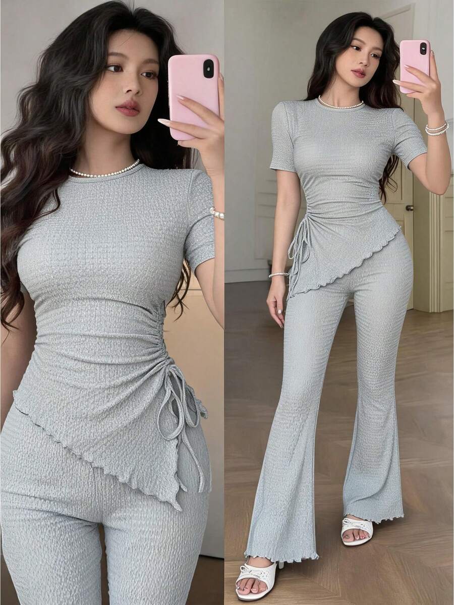 Feyla Women's Chic Light Grey Summer Two Pieces Set Ruched Asymmetrical Drawstring Top And Flare Pants, Waffle Knit Brunch Date Matching Outfit Casual