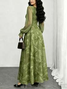 Modelyn 芙蓉碎花时尚方领灯笼袖女士长连衣裙，夏季收腰连衣裙，植物图案绿色连衣裙，适合夏季度假和日常穿着 - 彩色 - 查看 2