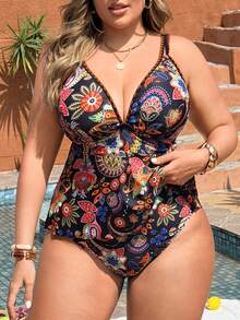 Swim Lushoire Bộ đồ bơi tankini 2 món nữ size lớn họa tiết hoa cho mùa hè đi biển nghỉ dưỡng - Nhiều màu - Xem 3