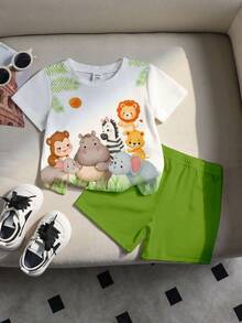 SHEIN Playful Pals 男婴休闲度假简约时尚可爱动物园猴子河马大象斑马狮子熊圆领T恤和配套短裤套装，适合夏季、休闲、户外、上学穿着 - 彩色 - 查看 4